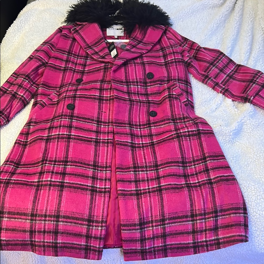 Fashion Nova Pink Plaid Coat with Faux Fur